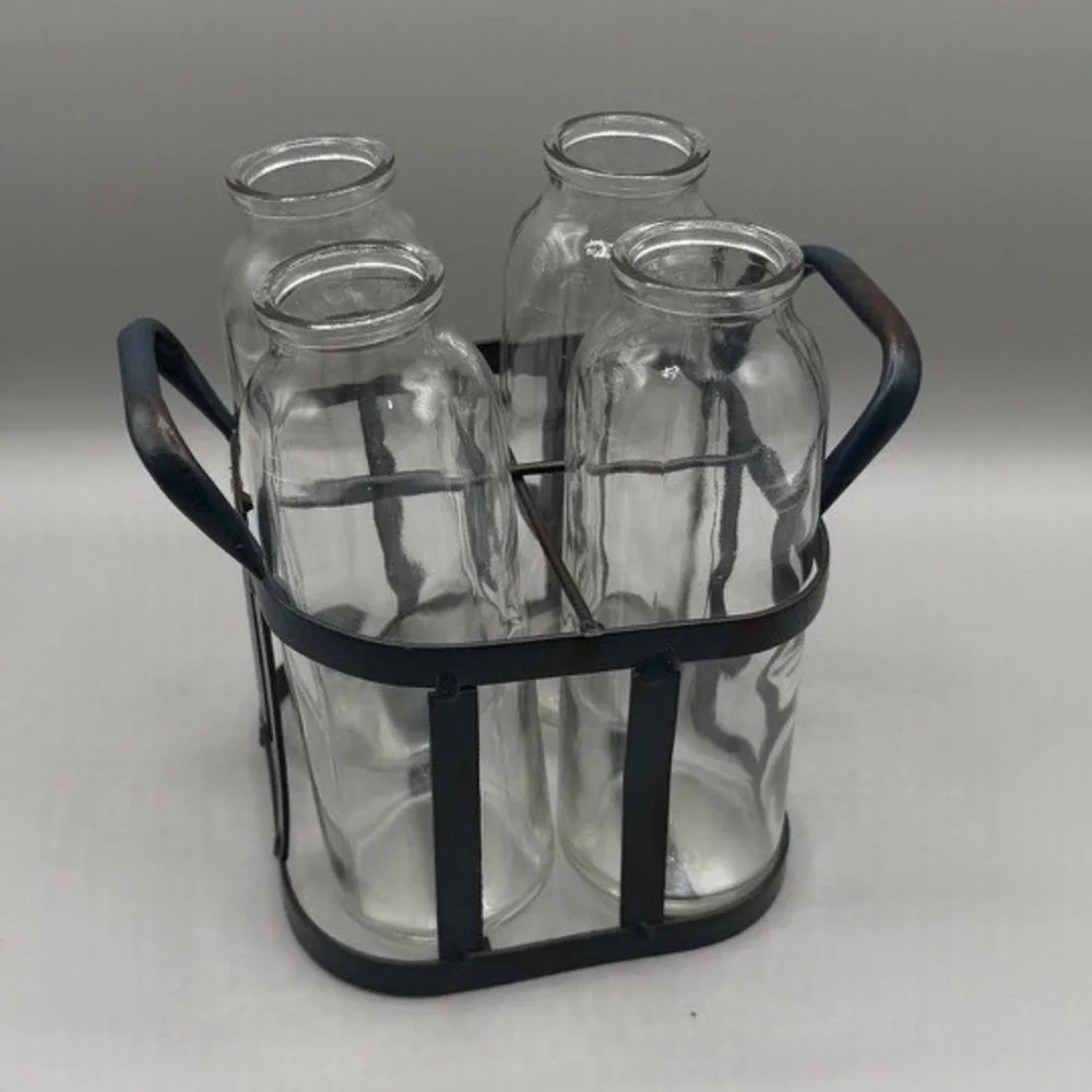 Farmhouse Glass Milk Bottle Set with Metal Wire Carrier Caddy 4 Piece‎ Clear